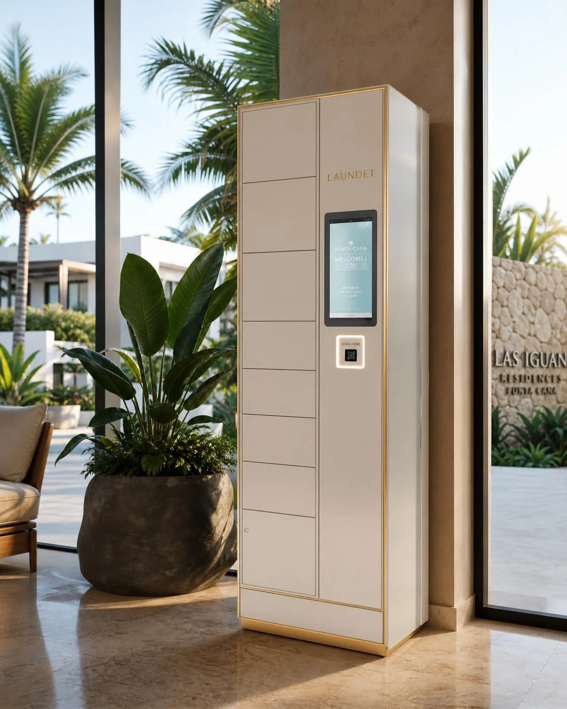 Casillero inteligente LAUNDET en el lobby de un edificio en Punta Cana
