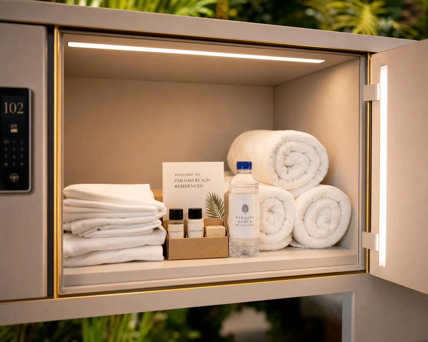 Casillero abierto con ropa de cama hotelera doblada y lista